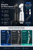Nurevio black and white electric ear rinse system duo bundle with Deep Blue, Titanium Grey, and Mint Green electric ear cleaner gift options