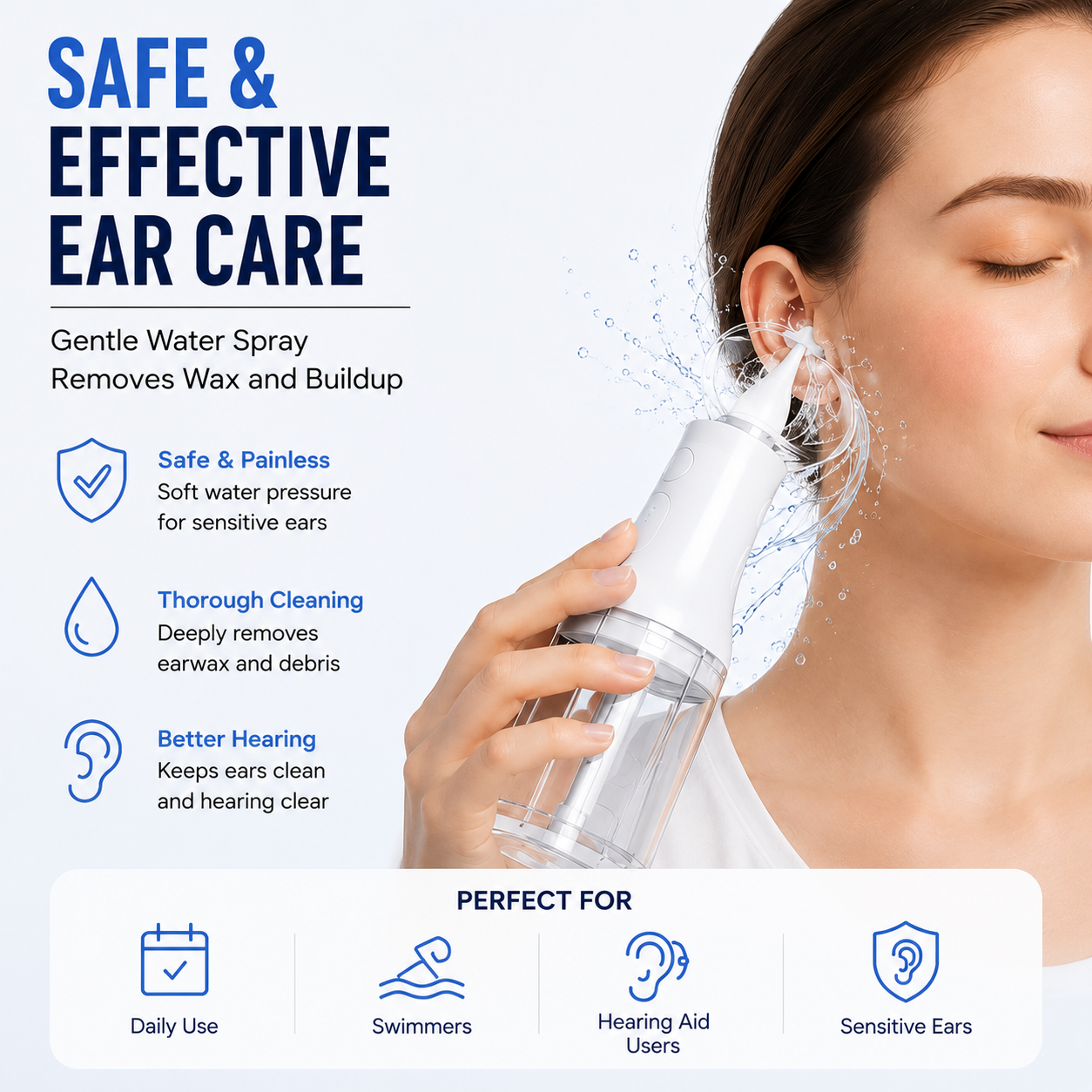 Electric ear rinse system ear-care feature infographic