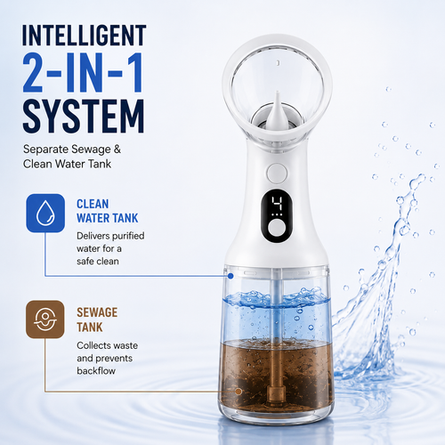 Electric ear rinse system dual-tank feature infographic