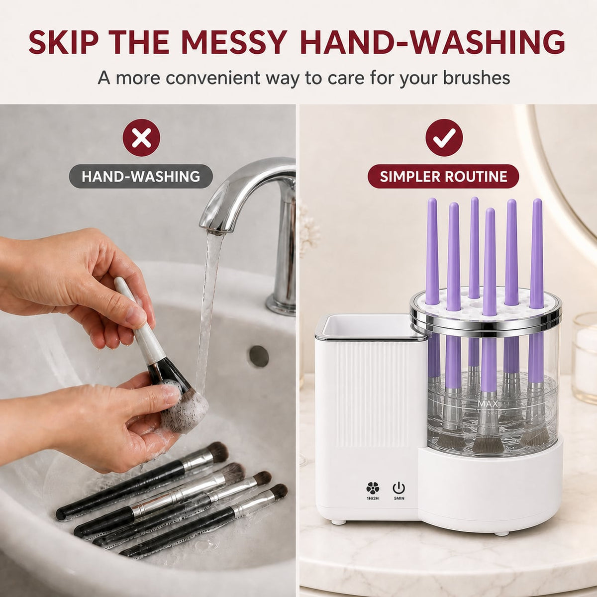 Hand-washing compared with an automatic makeup brush cleaner