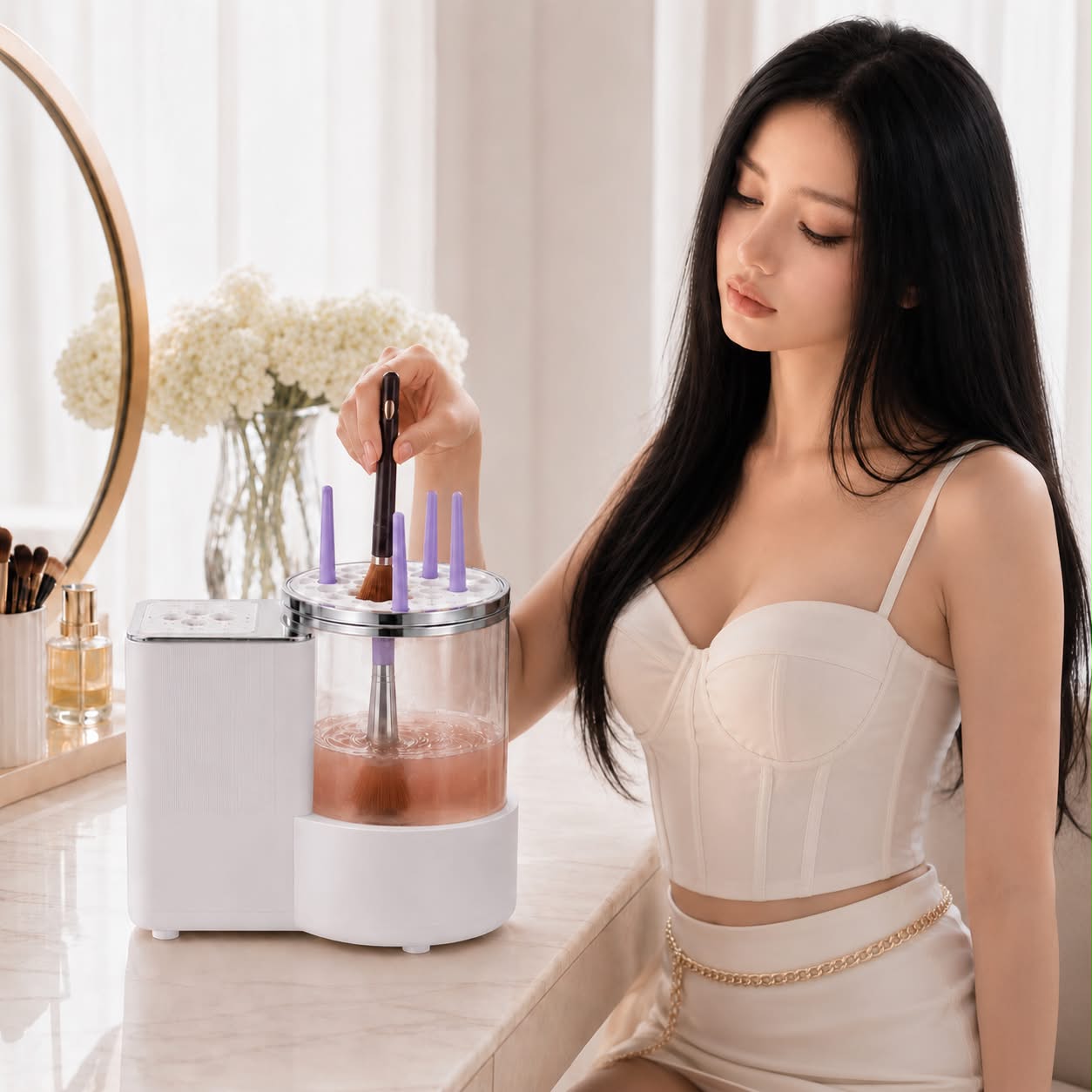 Automatic makeup brush cleaner in use